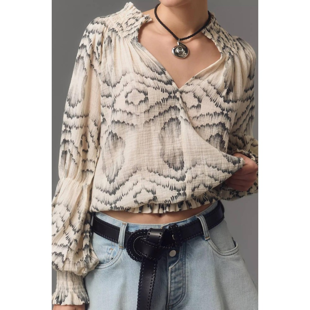 Porridge Blouse Women Large White Black Ikat Smocked Cotton Gauze V-Neck Top